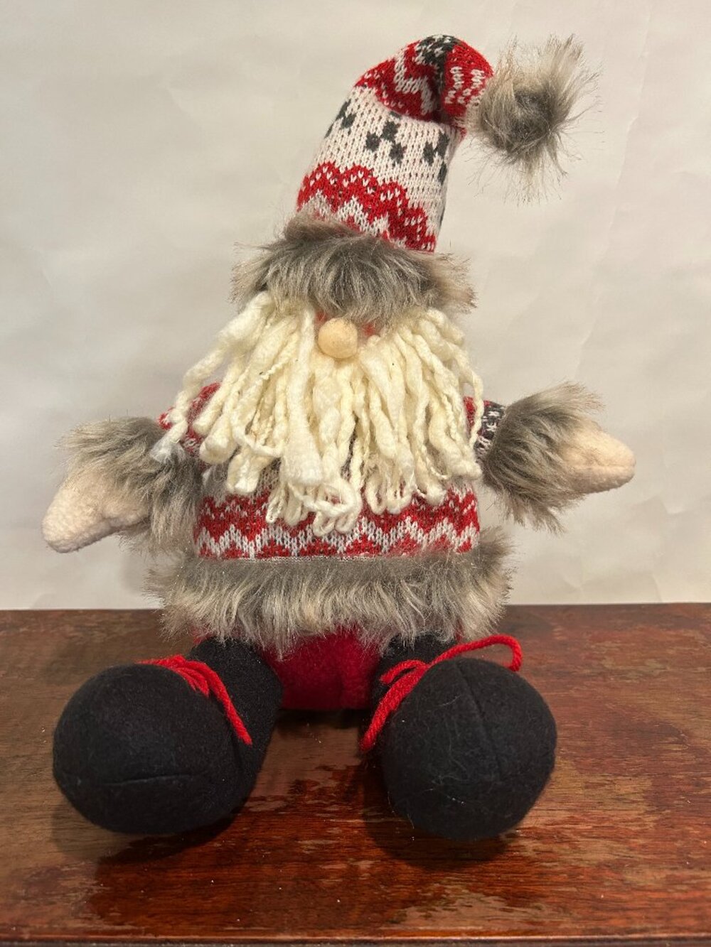 Christmas Holiday Gnome with knit cap and sweater, faux fur trim and yarn beard